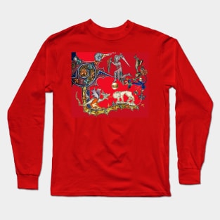 WEIRD BESTIARY,MEDIEVAL KNIGHT FIGHTING SNAIL,DRAGON AND LION IN ROYAL RED Long Sleeve T-Shirt